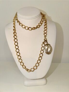 Vtg Signed Sarah Coy Gold-Tone Chunky Link Chain With Faux Pearl Pendant